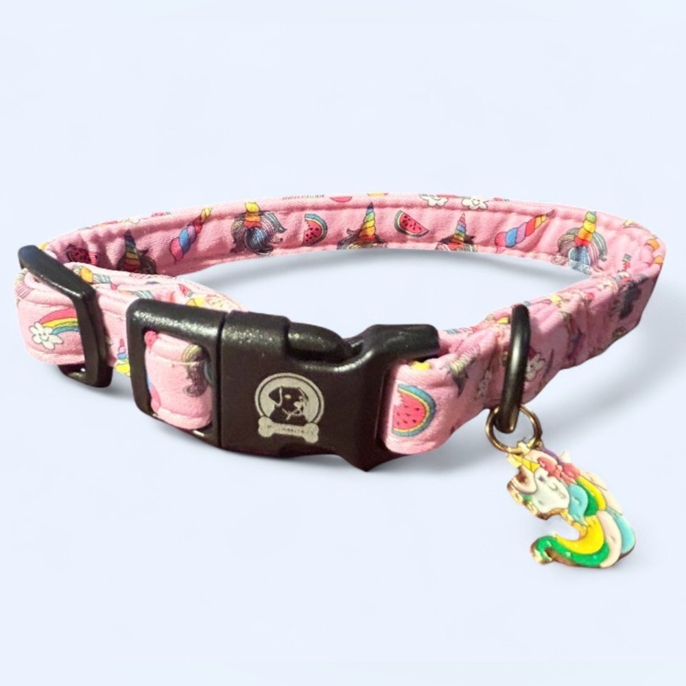 Mr. Chubby Face Pink Collar NEW – Unicorn 🦄 Charm & Skull Buckle